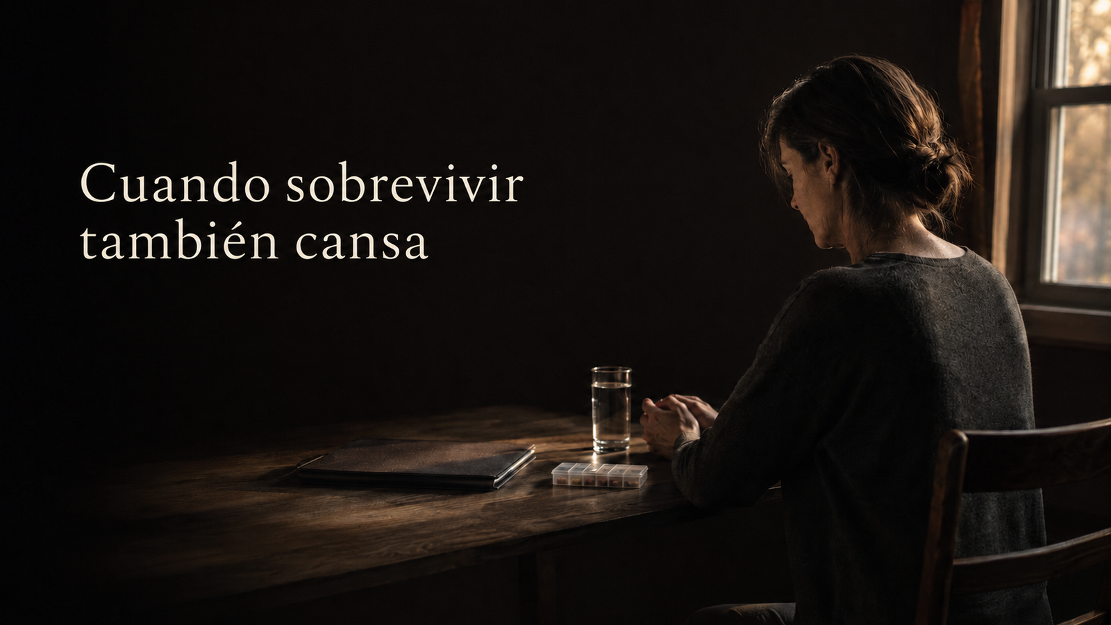 Mujer sentada junto a una carpeta médica y un pastillero, agotada por el seguimiento después del cáncer.