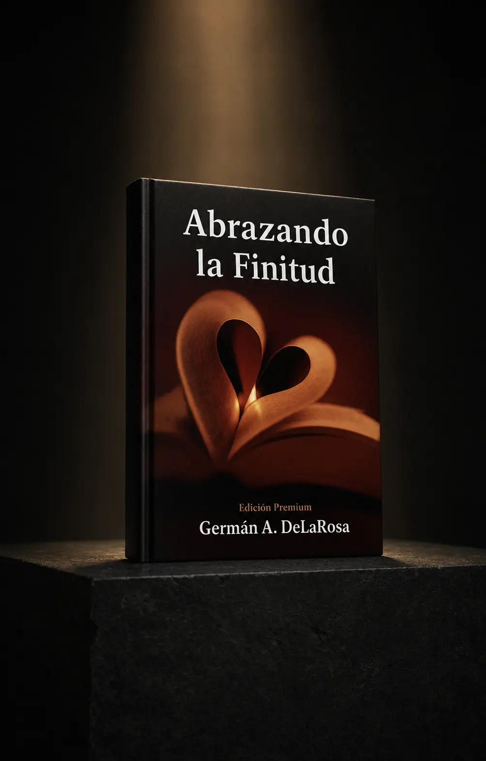 Abrazando la Finitud, de Germán A. DeLaRosa, iluminado sobre un pedestal oscuro