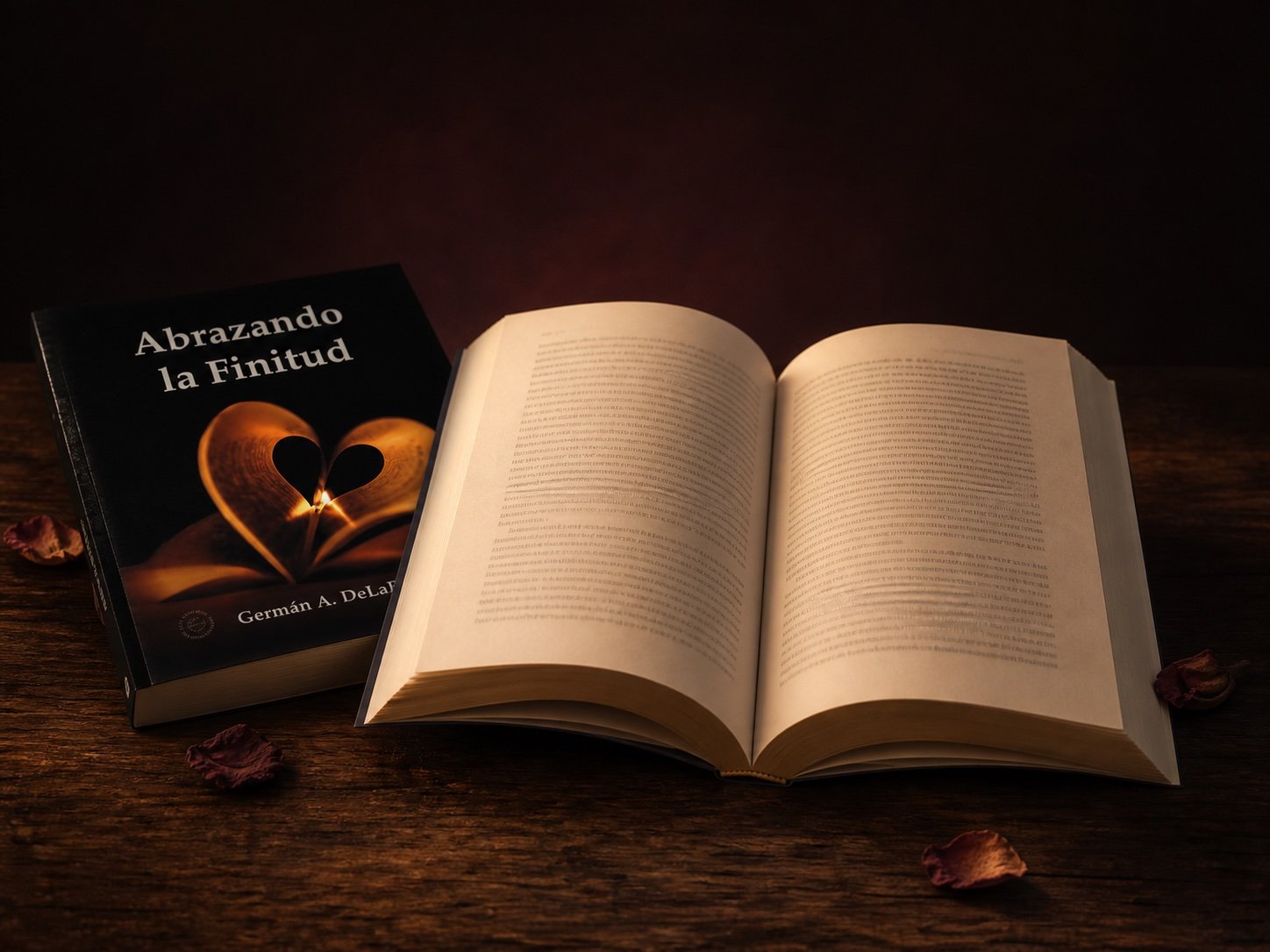 Abrazando la Finitud abierto sobre una mesa, junto a su portada